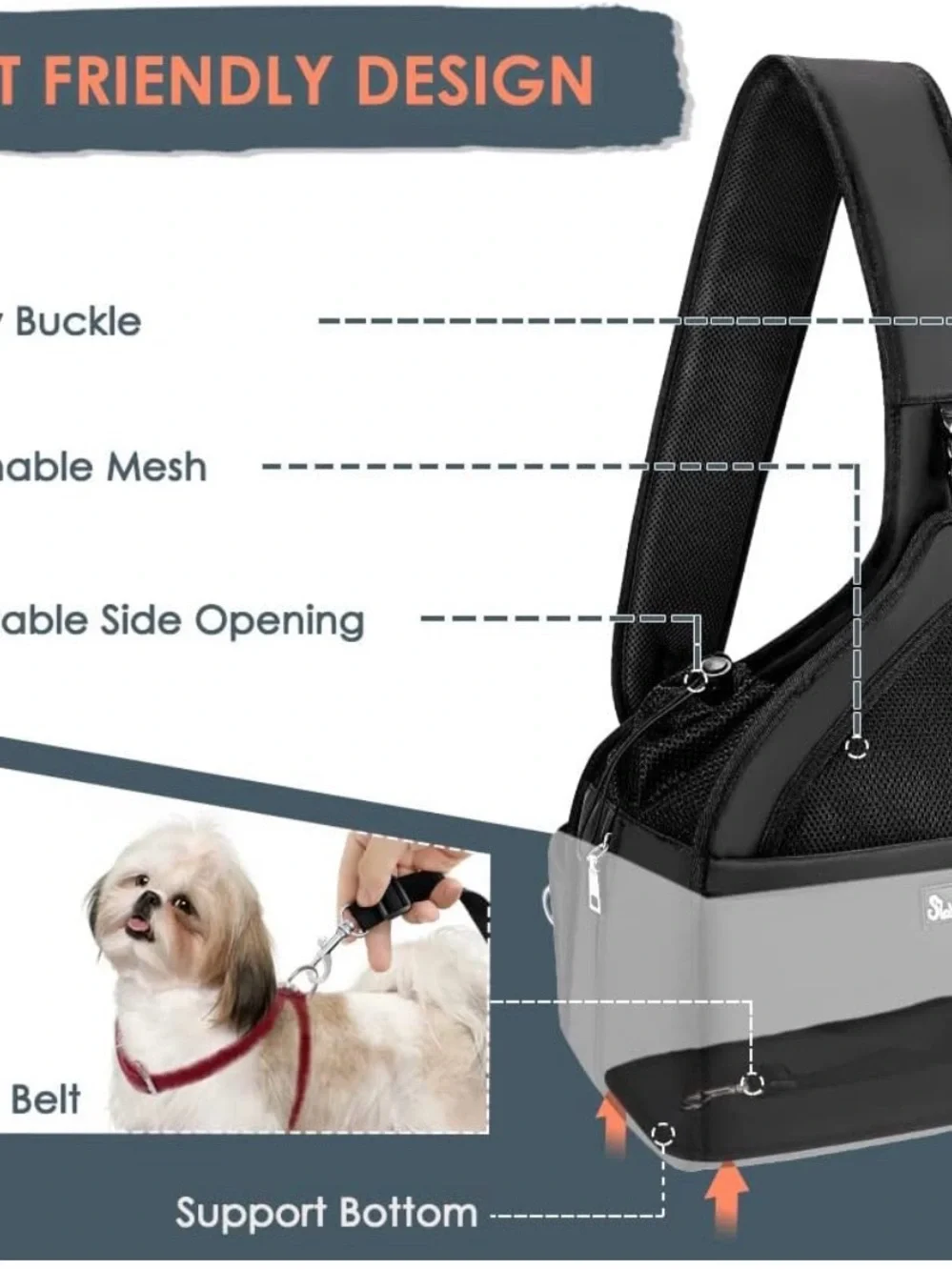 SlowTon Black Pet Dog Sling Carrier with Hard Bottom